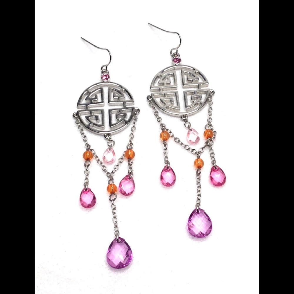 💎Silver Tone & Pink Orange Teardrop Dangle Earrings